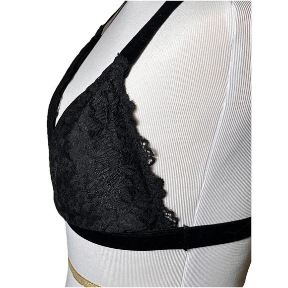 Rene Rofe Black Lace Bralette L Wireless Padded Cross Back Velvet Straps - Picture 7 of 11
